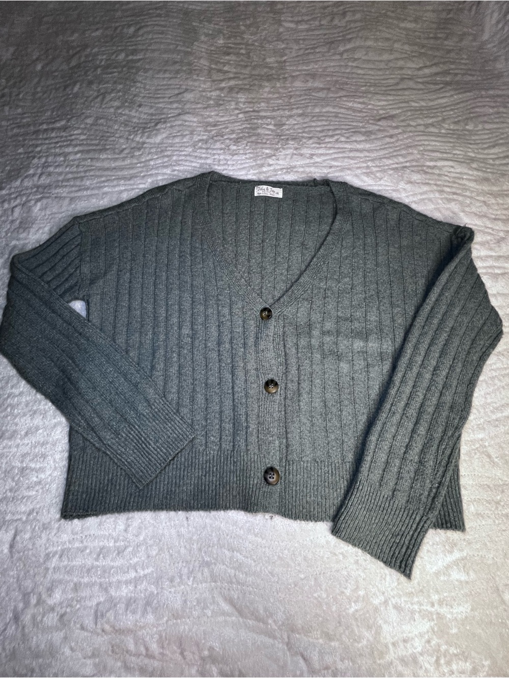 Jolie & Joy Cropped Ribbed V-Neck Button Cardigan Sweater Gray Small